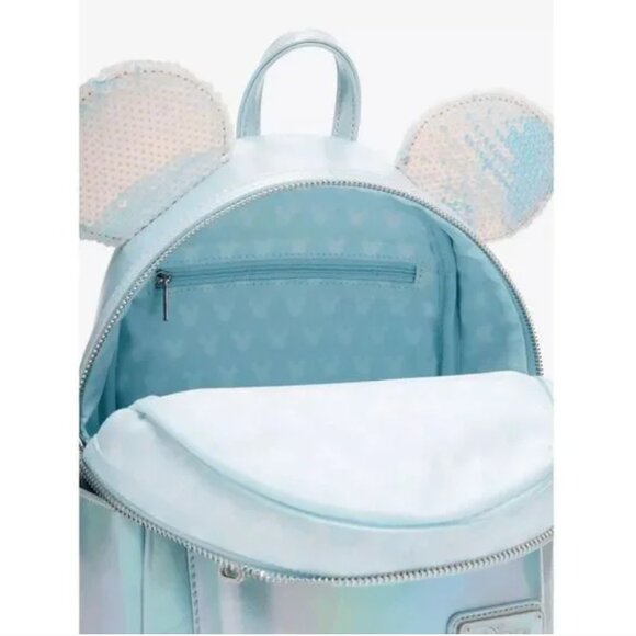LOUNGEFLY light blue Disney Minnie Mouse Iridescent Sequin Ears Mini Backpack - Picture 8 of 8
